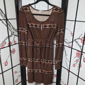 Women's Speechless Brown Long Sleeve Fair Isle Pattern Knit Tunic Top Dress